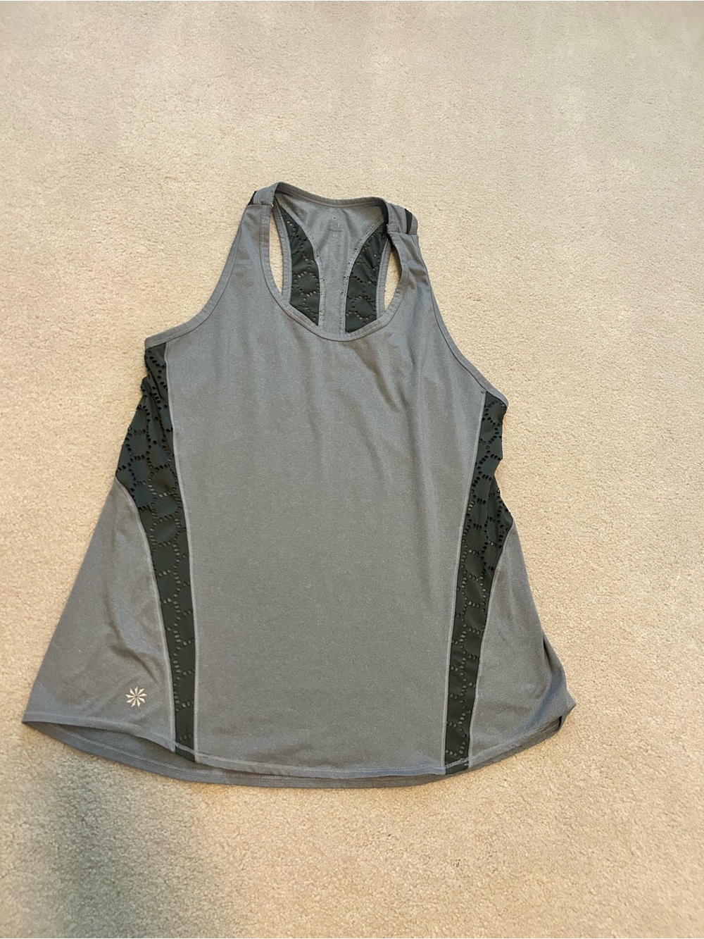 Athleta Gray Racerback Tank with olive green eyelet panels
